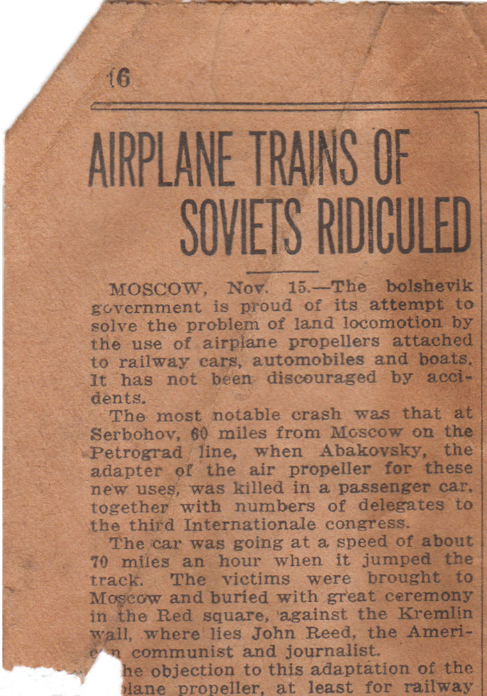 The newspaper scraps associated with the McKittrick collection offer glimpses into events around the time of the fossil excavations, circa 1930. This scrap reports a failed attempt by Soviets to build a faster train using airplane propellers. Copyright UCMP