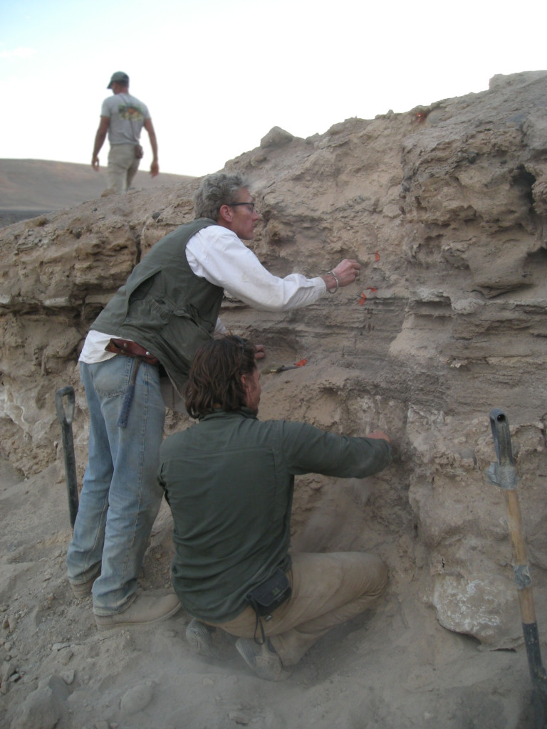 Ron Amudson (left) hunts for clues of past inland climates, such as pedothems, in the Atacama Desert, Chile, alongside ESPM graduate student Marco Pfeiffer (right). Photo credit: Erik Oerter