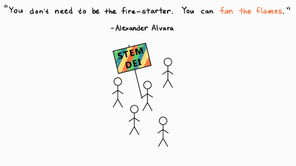 One large crowd of figures intermingles, with a central figure holding a single large sign: “DEI.” A quote from Alexander Alvara, Mechanical Engineering PhD candidate, is highlighted: “You don’t need to be the fire-starter. You can fan the flames.” 